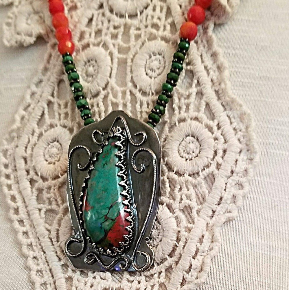 Sonora Sunrise Turquoise & Coral 925 Silver Neckla - Picture 3 of 5